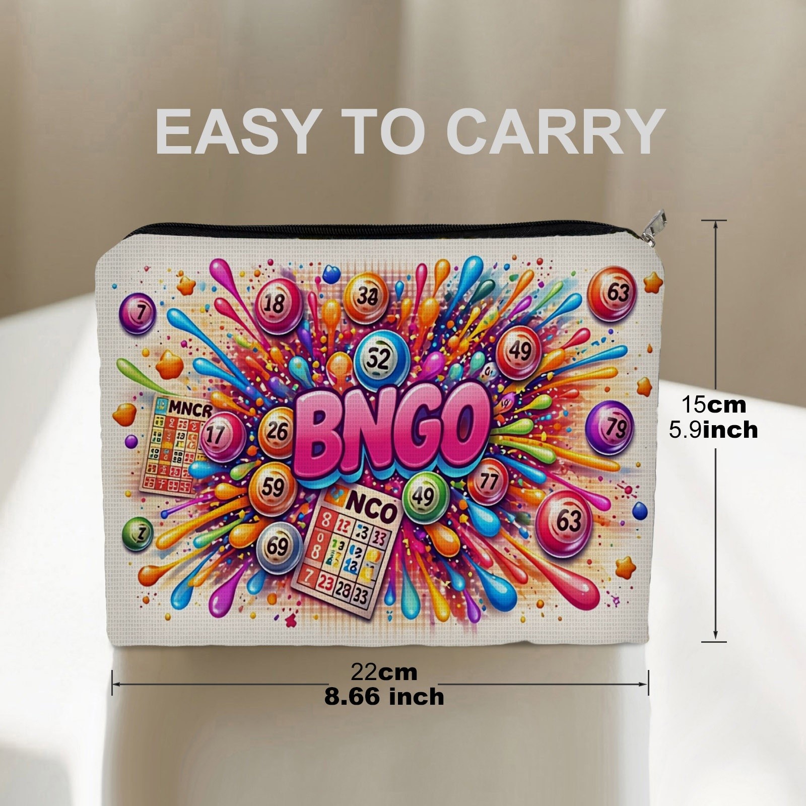 TEMU 1pc 1pcs Bingo-themed Cosmetic Bag Suitable For Toiletries, Double-sided Bingo Print Makeup Pouch With Zipper Closure, Vibrant Digital Bingo