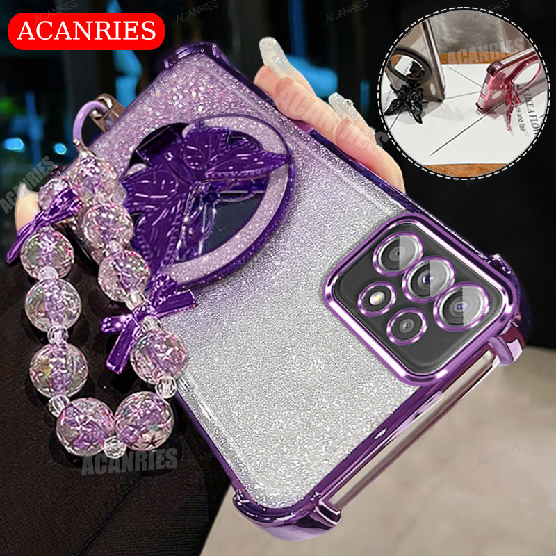 TEMU Phone Case: Acanries Luxury Star Bead Wrist Strap Lanyard Mirror Stand Holder Folding Bracket Gradient Plating Phone Case For Galaxy A73 5g/ A53