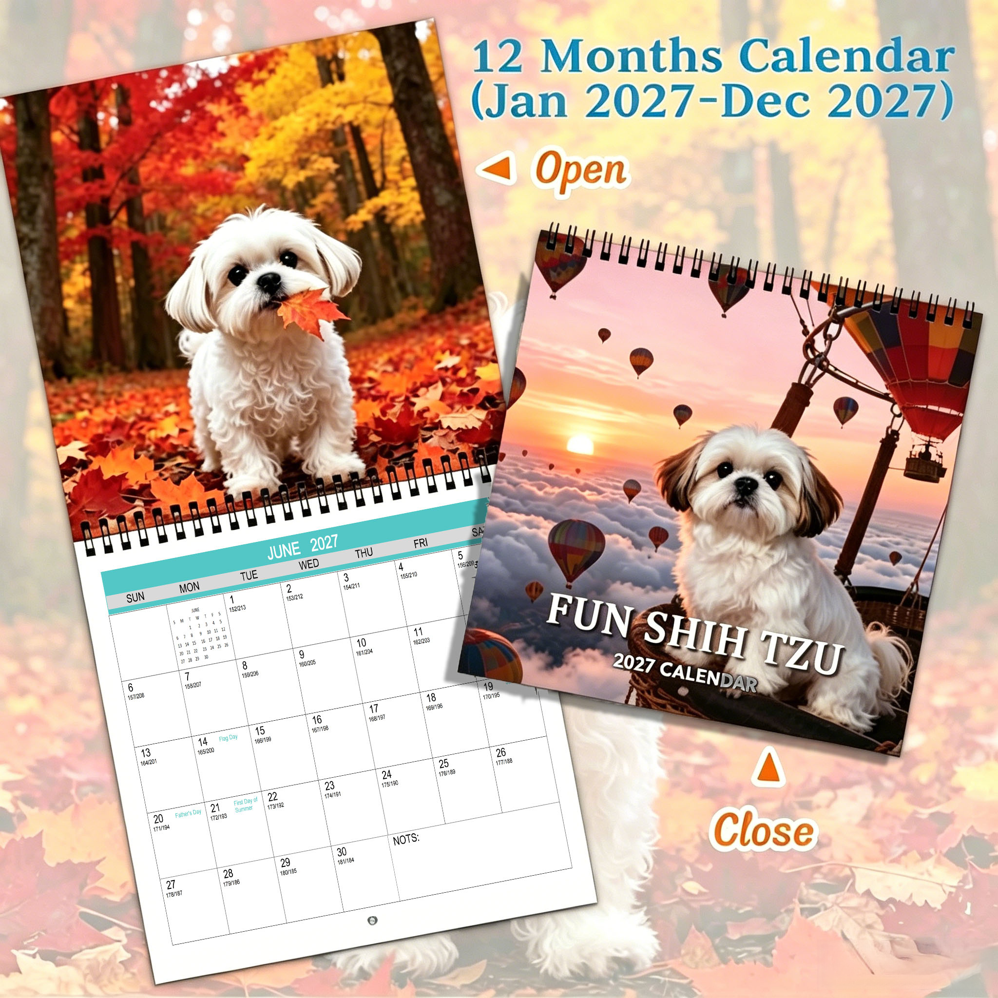 2027 Cute Shih Tzu Wall Calendar, Spiral-bound 12-month Annual Planning Calendar With Extra Large Grids & Marked Us Federal Holidays, Beautiful , Perfect Halloween Christmas New Year Gift
