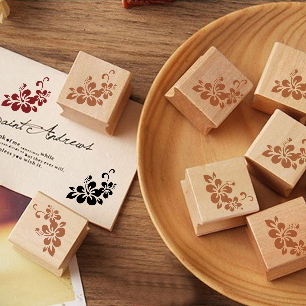 Cool Vine Double Hibiscus Scroll Lace Wooden Rubber Stamp