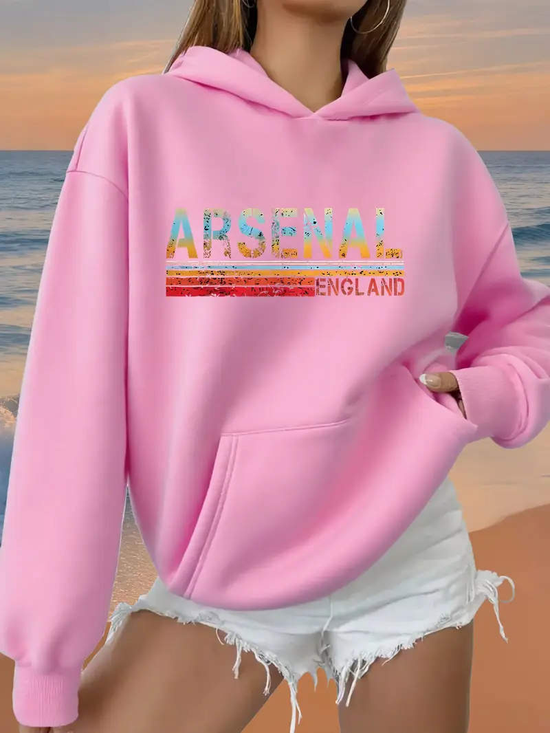 Pink Women's Casual Hooded Sweatshirt with Arsenal England Graphic Print