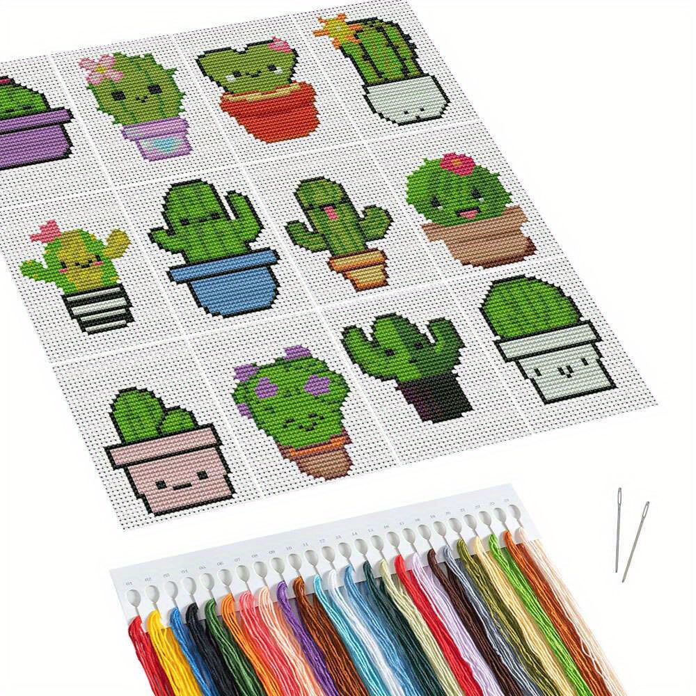 TEMU Kit de Broderie Point de Croix 12 Pièces - Pot de Fleurs Cactus, Décoration de Fil pour Vase Plante, Autocollants Muraux pour Salon et Maison