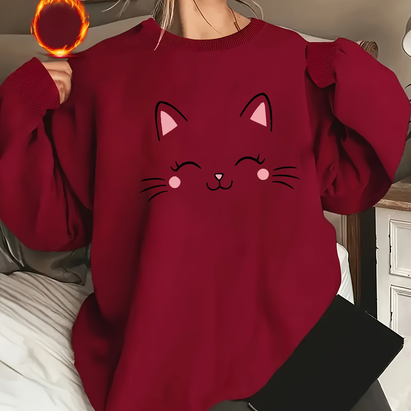 

Sweatshirt Doublé en Imprimé Mignon - Décontracté à Col Rond, Lavable en