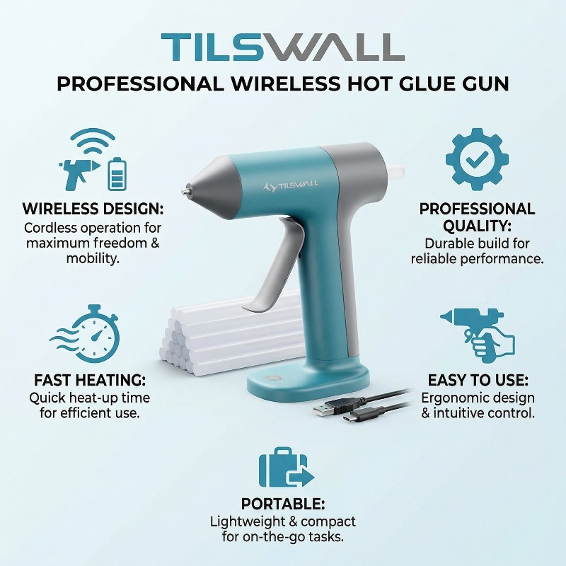 E-shop Tilswall Blue Schmelzklebepistole | Schnelles Aufheizen & Kabellose , Inklusive 20 Klebestifte, Tropfsicheres Design, Unverzichtbar für