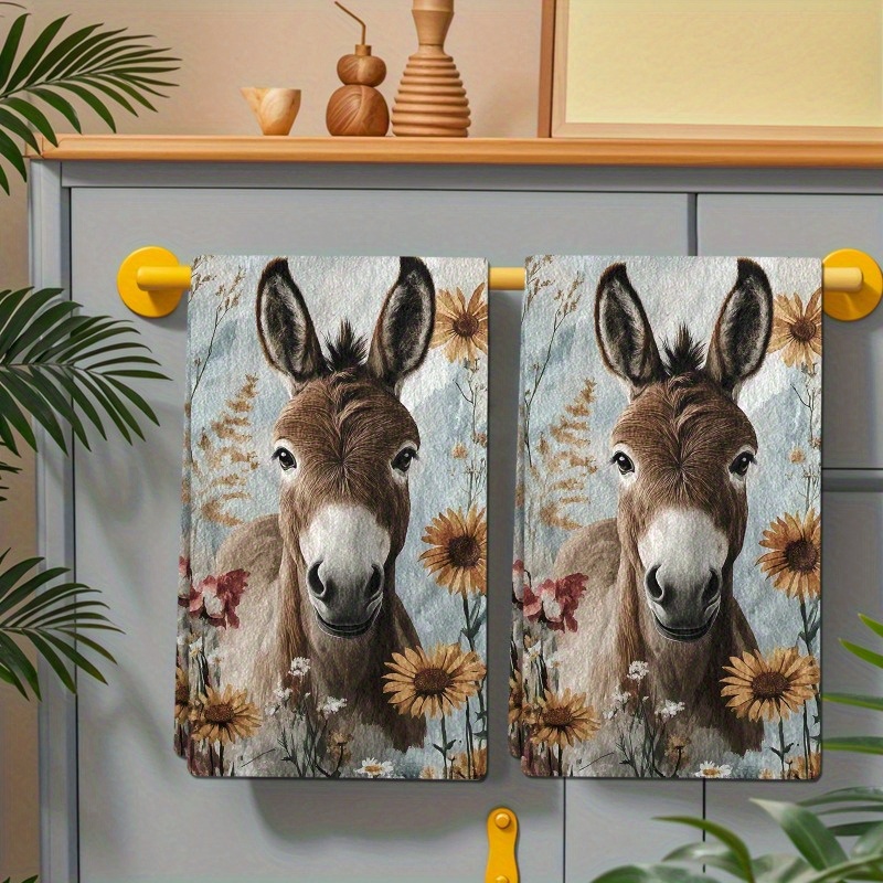 TEMU Lot de 2 torchons de cuisine mesurant 18 x 26 pouces, en microfibre à séchage rapide avec un motif de âne de dessin , parfaits pour décorer les