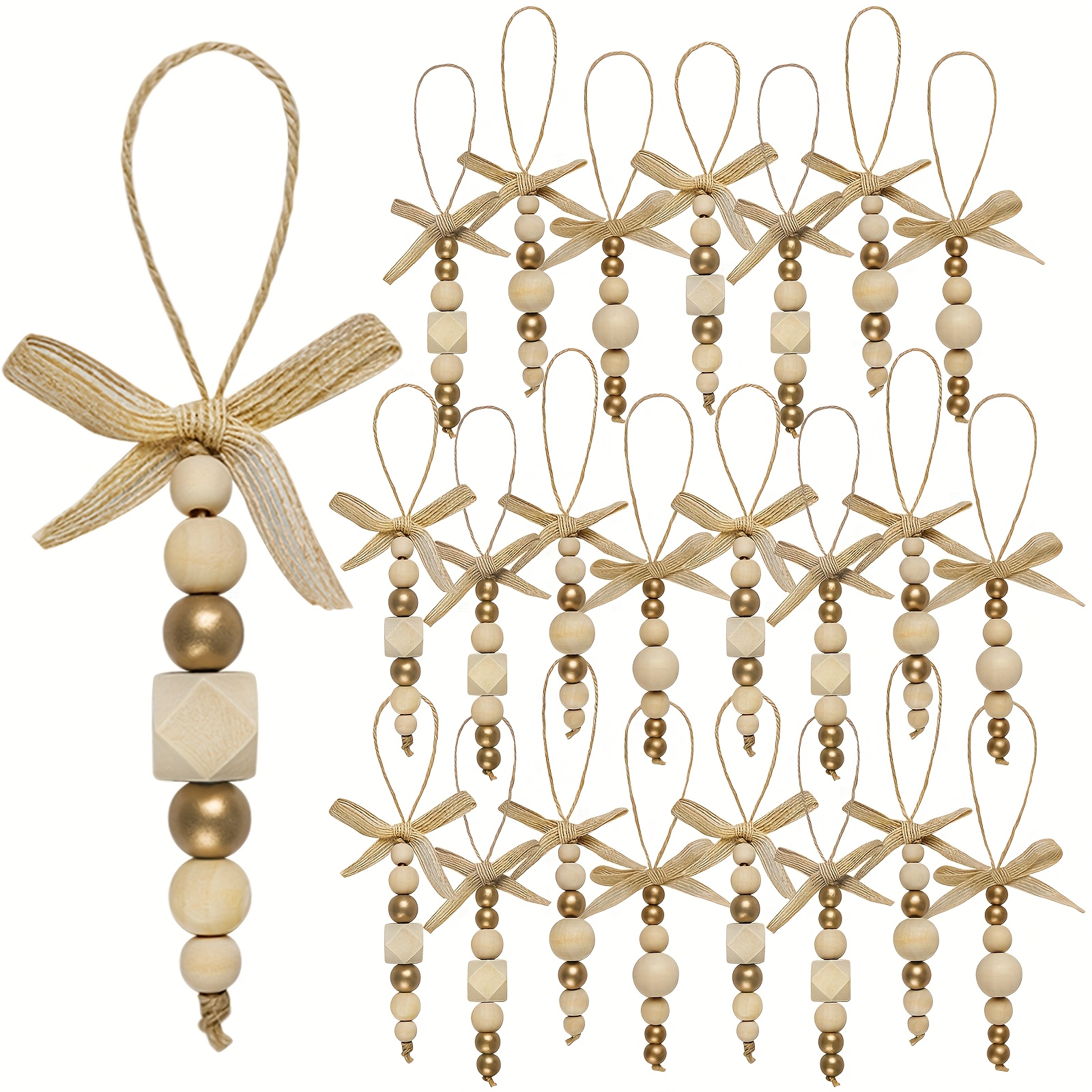 TEMU 24pcs Bohemian Style Wooden Bead Christmas Tree Ornaments, Natural Wood Beads With And Bows - Farmhouse Style Hanging Decor For Wreaths, Holiday