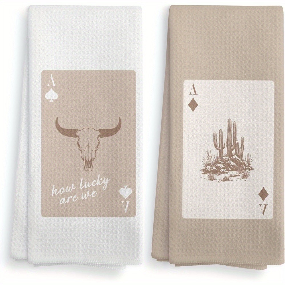 TEMU Set Of 2 Western Cowboy Cowgirls Hand Towels | Beige Bull Design 85% 15% Nylon | 16x24 Inch For Kitchen, Bathroom Decor | Western Country Style,