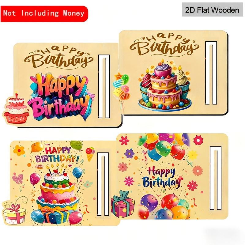 2d Flat Printing, 4pcs/set Wooden Birthday | Cake Box , Wooden Greeting Card, Surprise Cash Gift, Fun , Birthday Party Celebration, Holiday Decoration, Christmas Card
