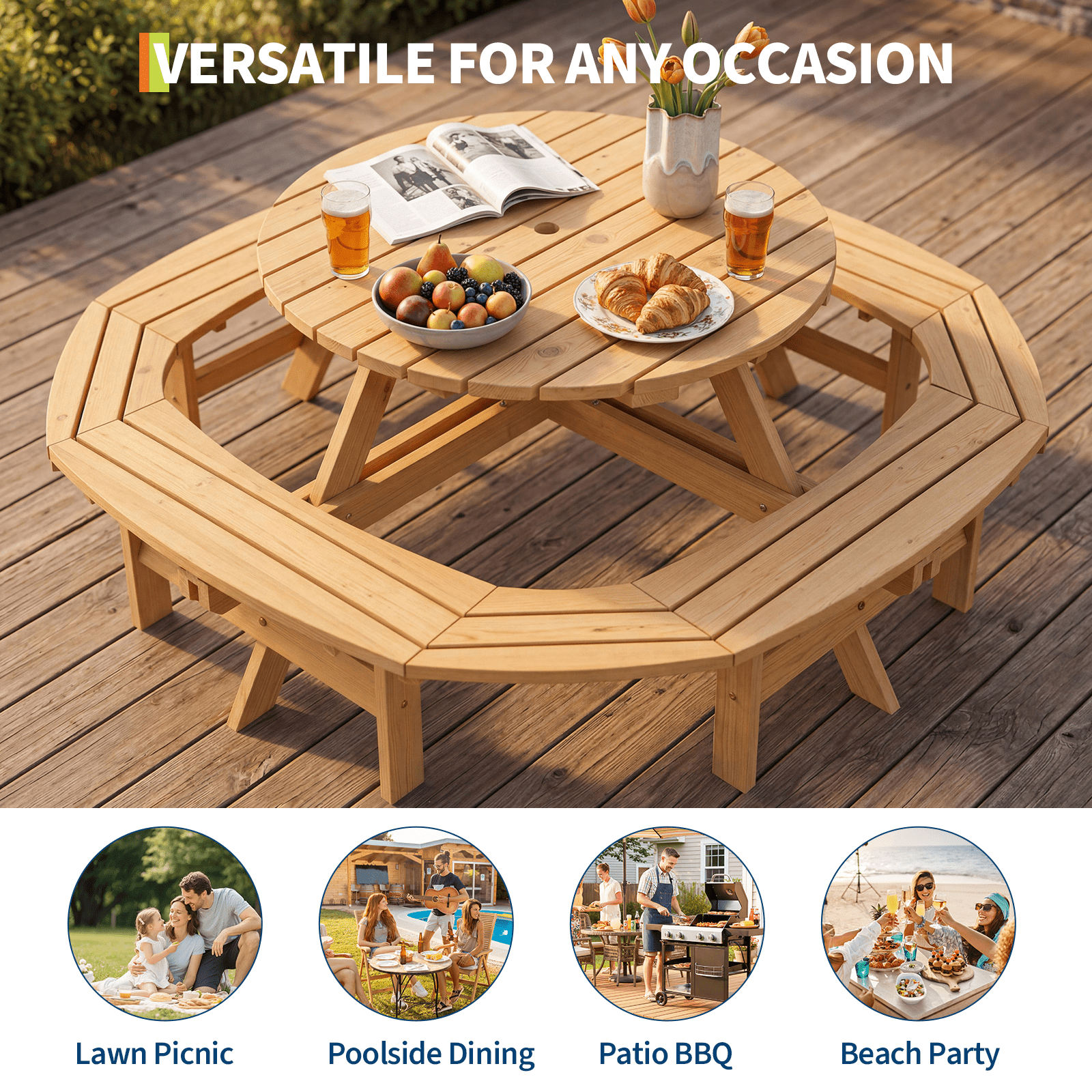 8-Person Round Wooden Picnic Table with Umbrella Hole, Wood Outdoor Dining Set with 4 Built-In Benches for Garden, Patio And Backyard