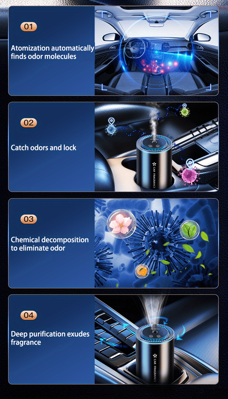 smart car therapy machine with four bottles of 50ml essential oil starry sky projection and adjustable atmosphere light essential oil diffuser with and stop function in car air purification Product details 2