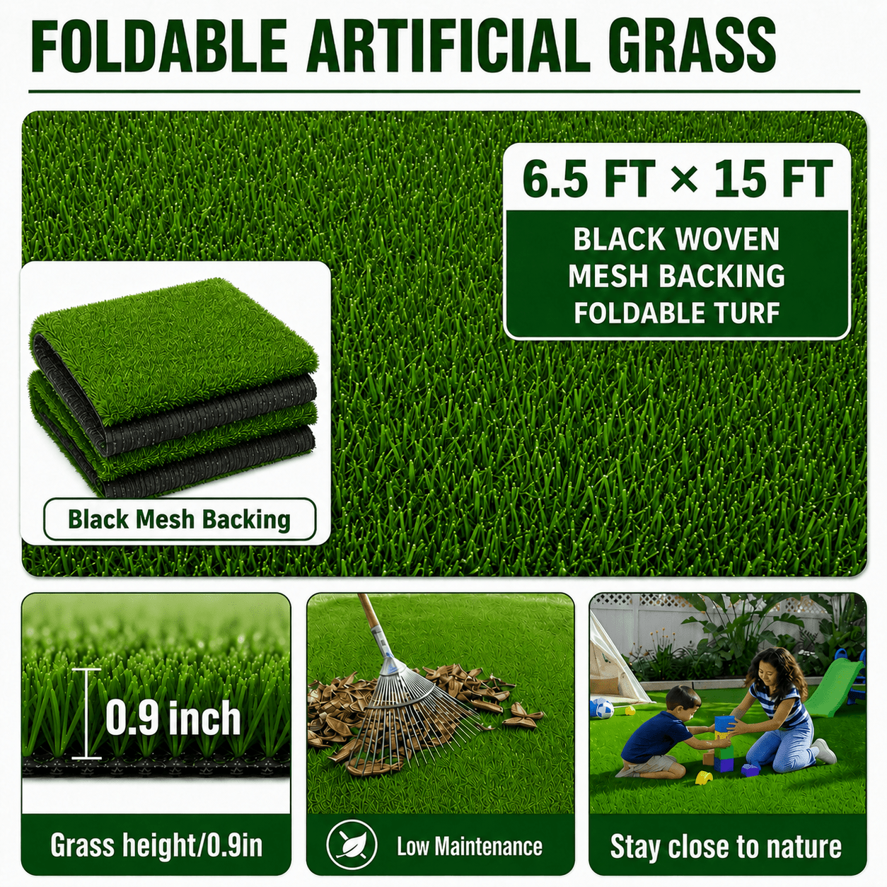 Image of 6.5ft X 15ft Foldable Artificial Grass, 0.9in Pile, Fast Drainage Turf With Tools, Synthetic Grass For Patio, Garden, Balcony, Christmas & Halloween Decor