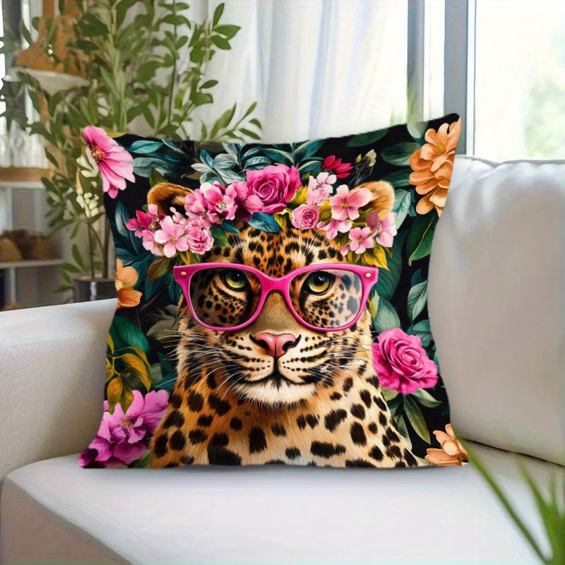 TEMU 1pc Pillowcase, 2d Flat Print Leopard Floral Pillowcase - Glasses Pattern, Polyester Material, Zipper Closure, Suitable For Bedroom, Office, Or