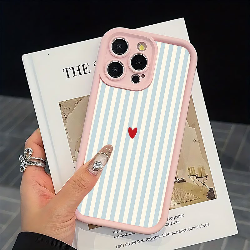 TEMU para teléfono: Carcasa rosa para móviles con de corazones a rayas azules y blancas, diseñada con una ranura a prueba de golpes para mayor