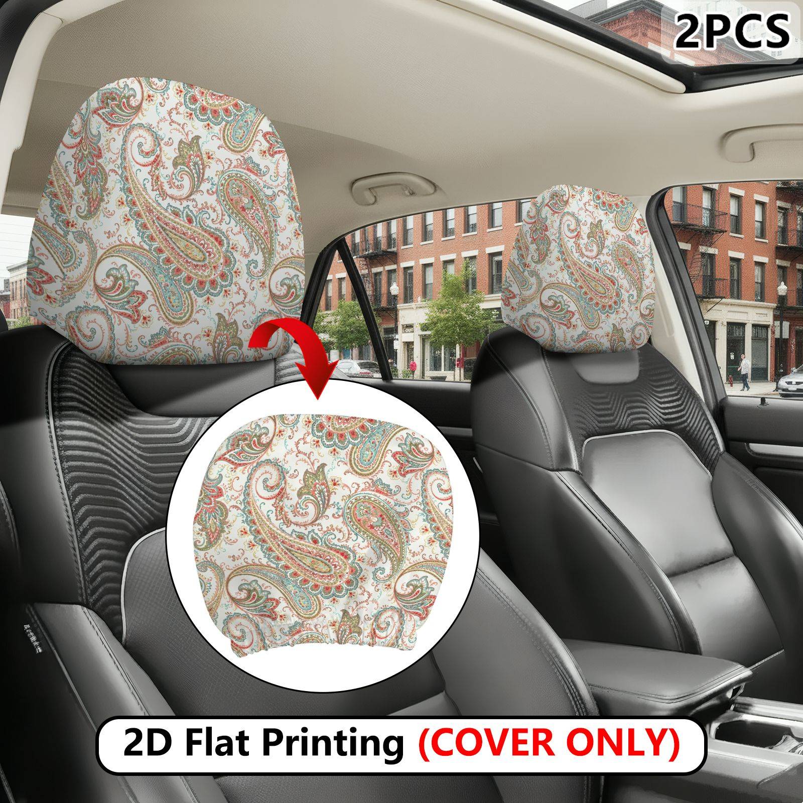 item picture 2d flat 2pcs paisley beige pattern print car headrest covers cover   not a headrest seat protection with high   design and no filling   covers