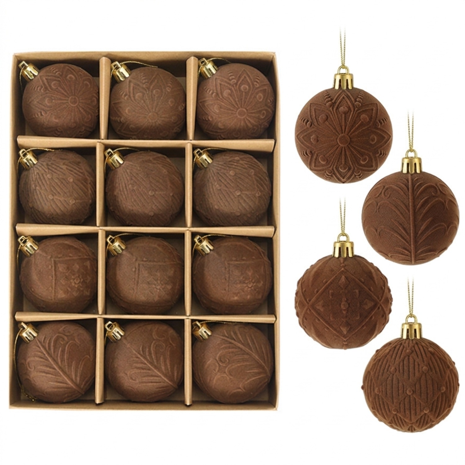 TEMU 12pcs Brown Shatterproof Christmas Tree Decorations, Elegant Flocked Velvet Hanging Ball Set With Box, Luxury Xmas Tree Pendant Decorations For