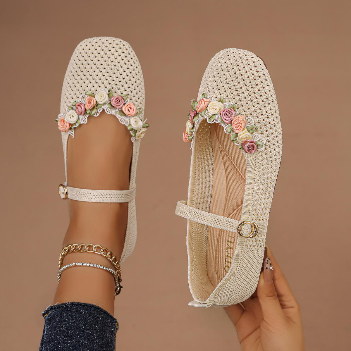 TEMU Style Fabric Floral Low-cut Women's Shoes, Hollow Knit Mesh Single Soft Sole Comfortable Casual Flats, Women Shoes