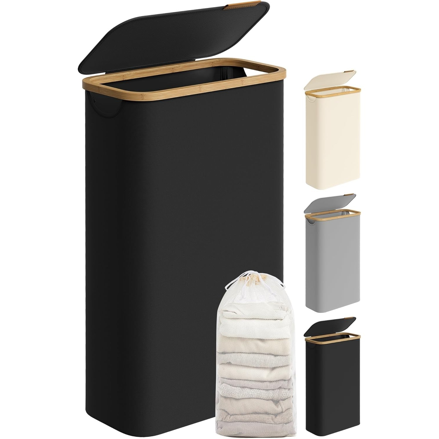 laundry hamper with lid   laundry basket 17 2 gallons 65  saving removable mesh liner bamboo handles collapsible 16 5 x 8 9 x 27 8 inches ink black  506b01