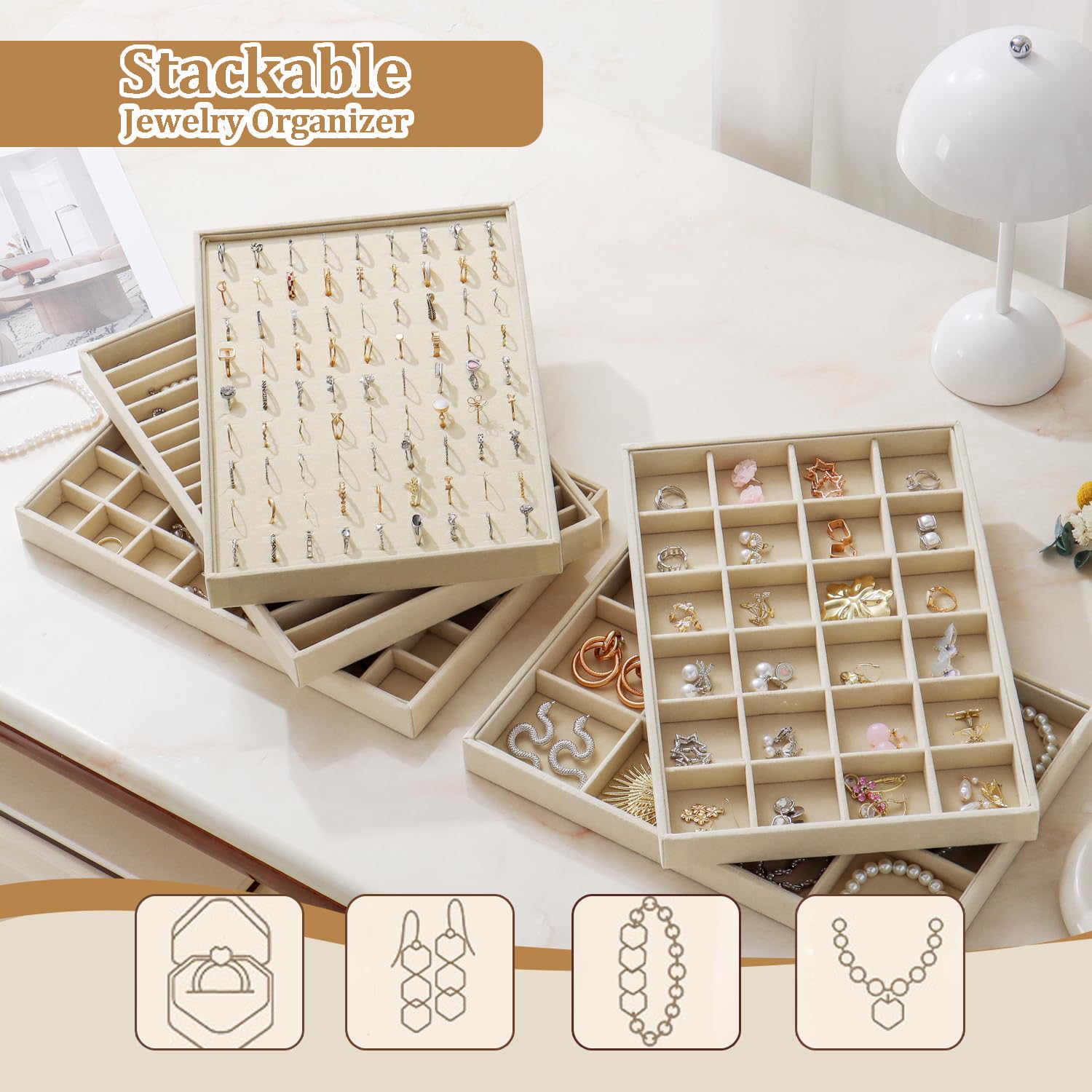 2pcs Large Velvet Stackable Jewelry Tray Organizer