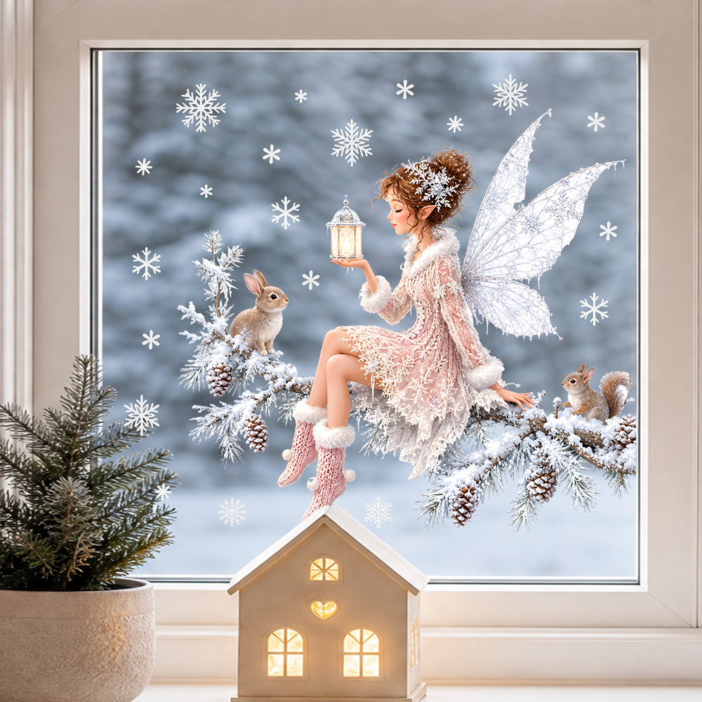 TEMU 1pc Winter Christmas Elf Static Window Clings, Fairy Tale Fairy Rabbit Squirrel Snowflake Window Decals, Removable Traceless Glass Stickers,