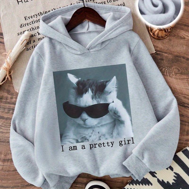 KID'S hoodie Tween Girl Casual Chic Cat Slogan Printed Fleece Hoodie, For Fall/ Winter, Sweatshirt50% cotton 50% polyester blend 250g