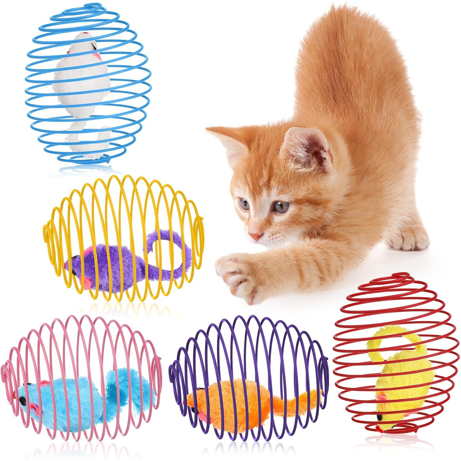 TEMU 5pcs Stretchable Cat Spring Toys With Colorful Built-in Rats | Safe & Durable Interactive Cat Toys For Kittens, Pet Toys To Exercise, Healthy