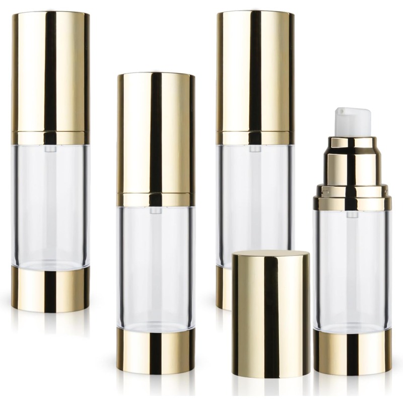 TEMU Pack de 4 Flacons Vide Transparents à Pompe Sous Vide (Dorés) - Contenants en Plastique Vides pour Voyage, Cosmétiques Quotidiens, Fond de Teint