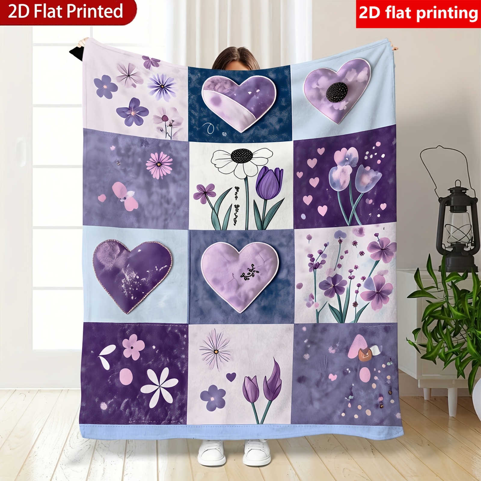 TEMU 1pc Purple And Blue Heart, Flower And Blanket - Soft Fleece Material, Sofa, Camping Use - Machine Washable Cozy Throw For Office, Perfect Gift