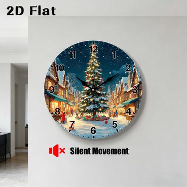 1pc,2D Flat Silent Movement Christmas Village Scene UV Printed Wall Clock No AA Battery Festive Holiday Decor for Living Room Bedroom Kitchen Office Entryway, 2D Flat