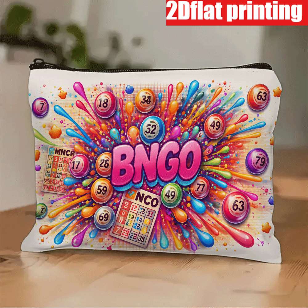 TEMU 1 pièce, Impression 2D à plat, Matériau : Trousse de maquillage, Trousse de toilette/pochette à cosmétiques imprimée sur le thème du bingo, Sac