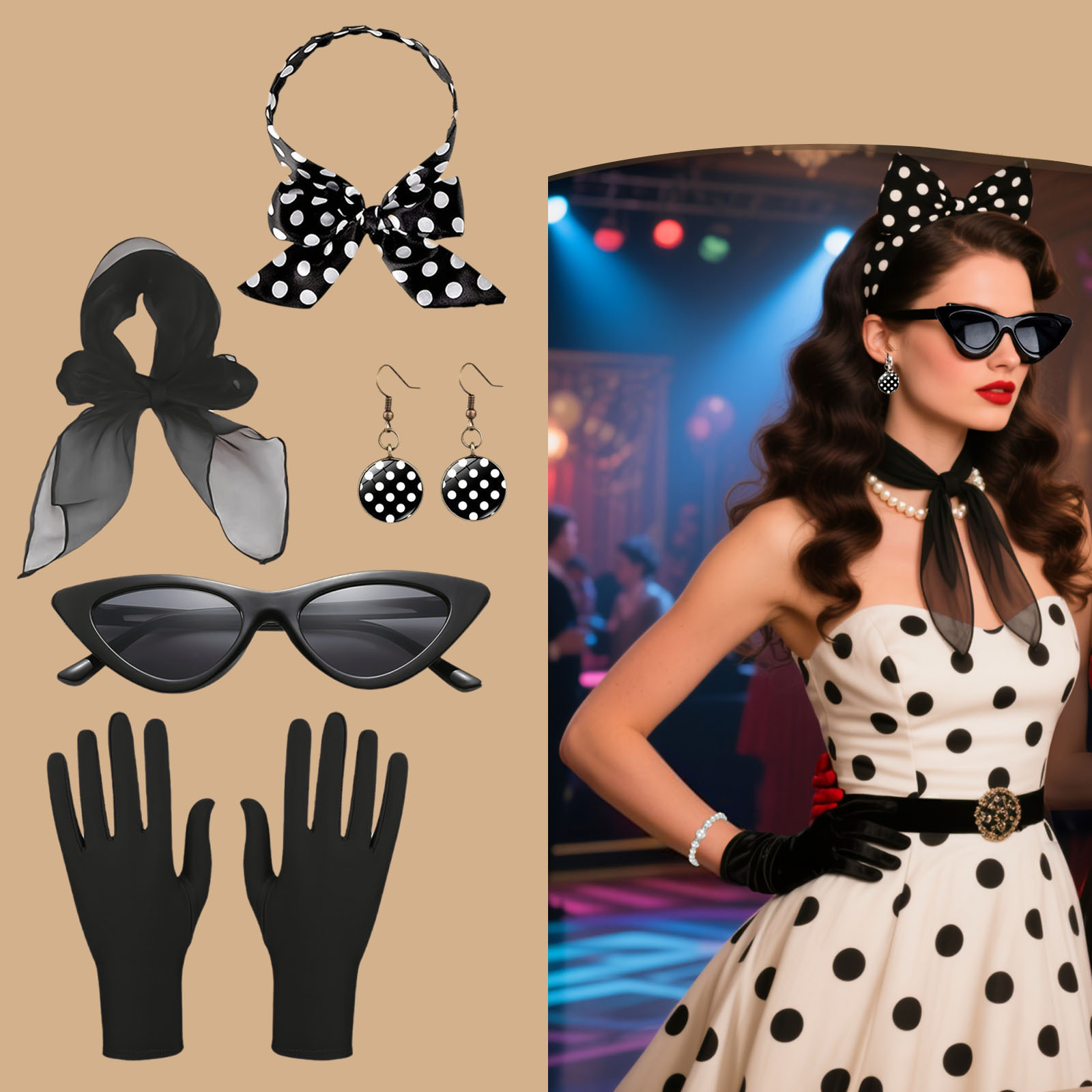 Set De 6 Accesorios De Disfraz Años 50 Para Mujer – Diadema, Pañuelo, Gafas, Pendientes, Guantes Y Collar De Perlas – Estilo Retro