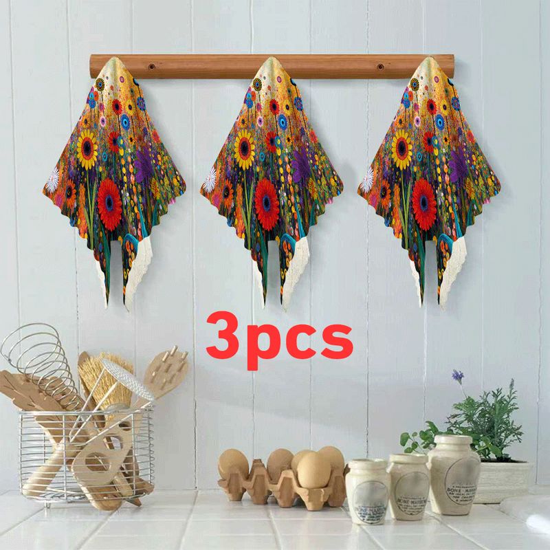 TEMU 3/6pcs Kitchen Dish Towels, Reusable Cleaning Cloths With Floral Element Patterns, Microfiber Scouring Pads, Absorbent And Easy To Clean,