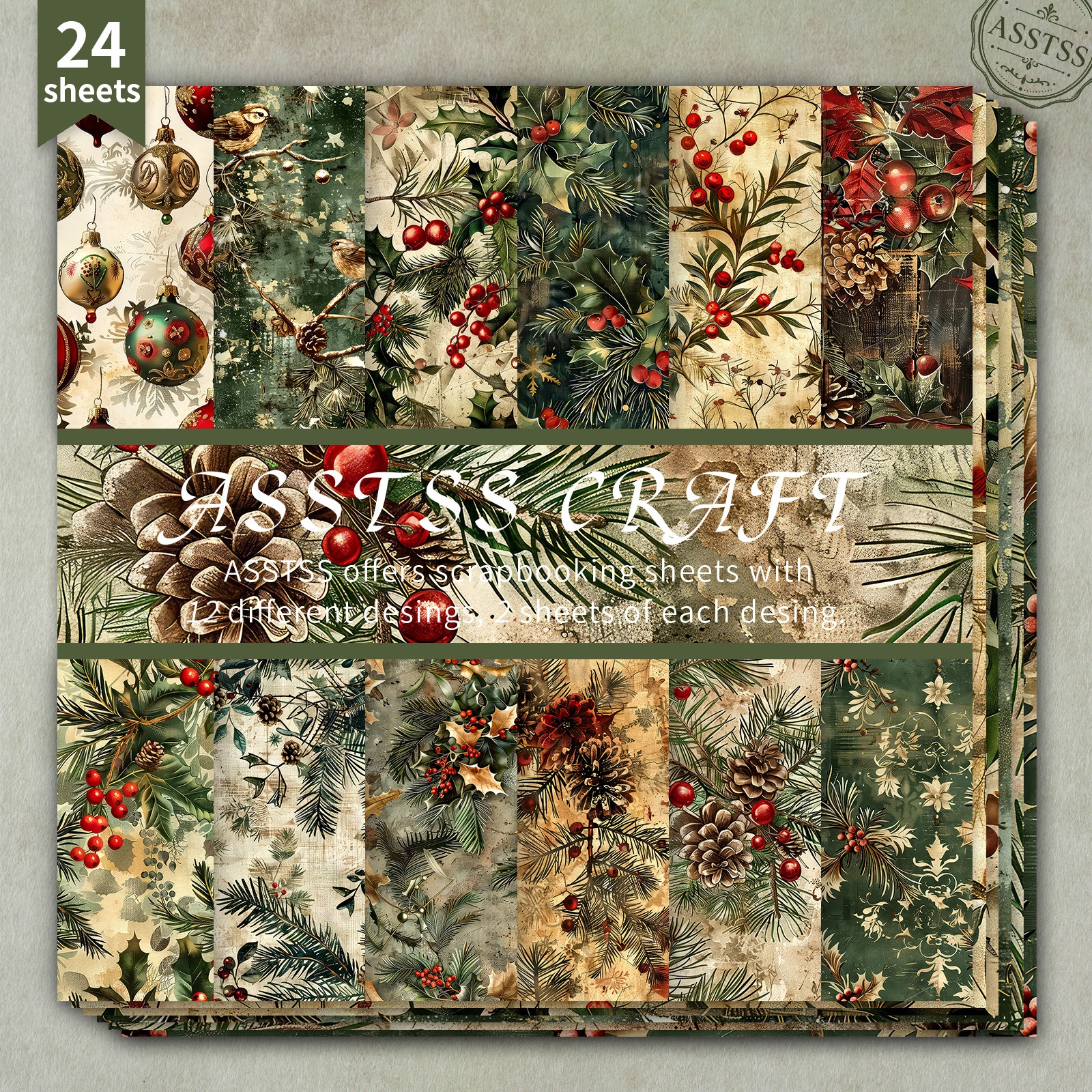 TEMU 24-sheet Asstss 6*6inch Scrapbooking Paper Pad, Christmas Vintage Aged Pine Cone Style Backing Paper Supplies, Heavyweight Cardstock For