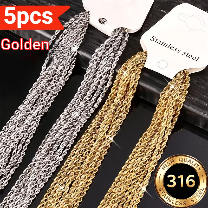 TEMU 5pcs/pack Stainless Steel Twisted Rope Necklace Diy Chain Accessories, Decorative Crafting Materials, Handmade Supplies For Women And Men, Long