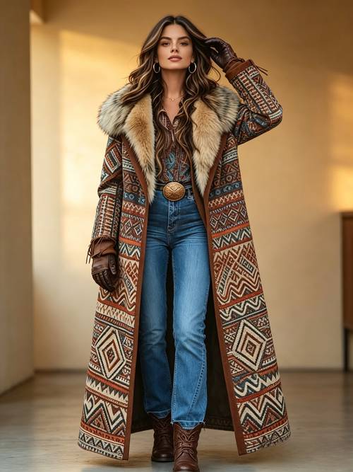new european and style womens denim western style fleece lined fall embroidered long coat fabric comfortable and durable with a versatile design
