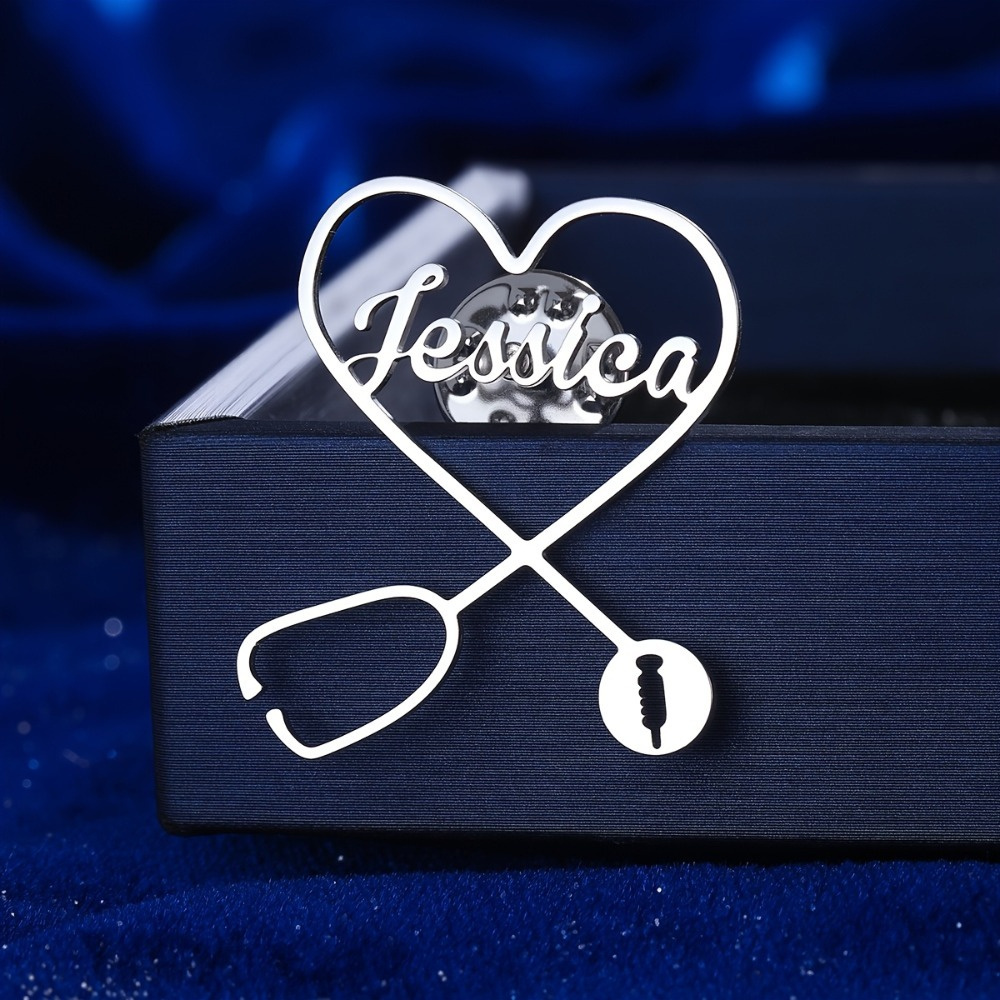 TEMU Personalized Name - Custom Heart Stethoscope Brooch - Stainless Steel Brooch With Heart And Stethoscope Design - Nurse, Doctor, Student Gift -