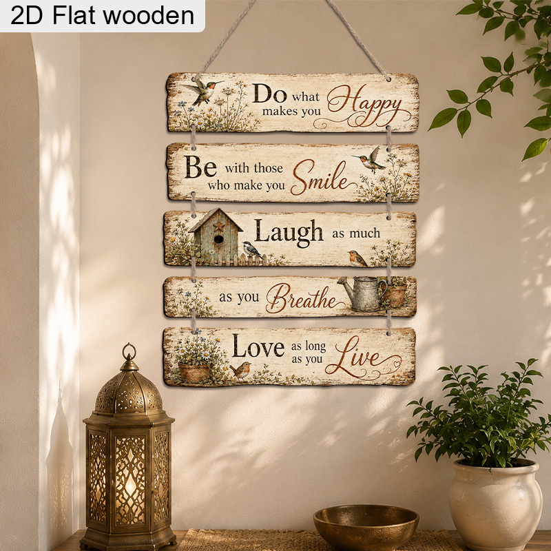 TEMU 2d Flat, 2d Flat 5pcs Wooden Panels By Hemp Rope, With A Grain Background, Printed With Inspirational English Phrases, With Bird, Bouquet, And