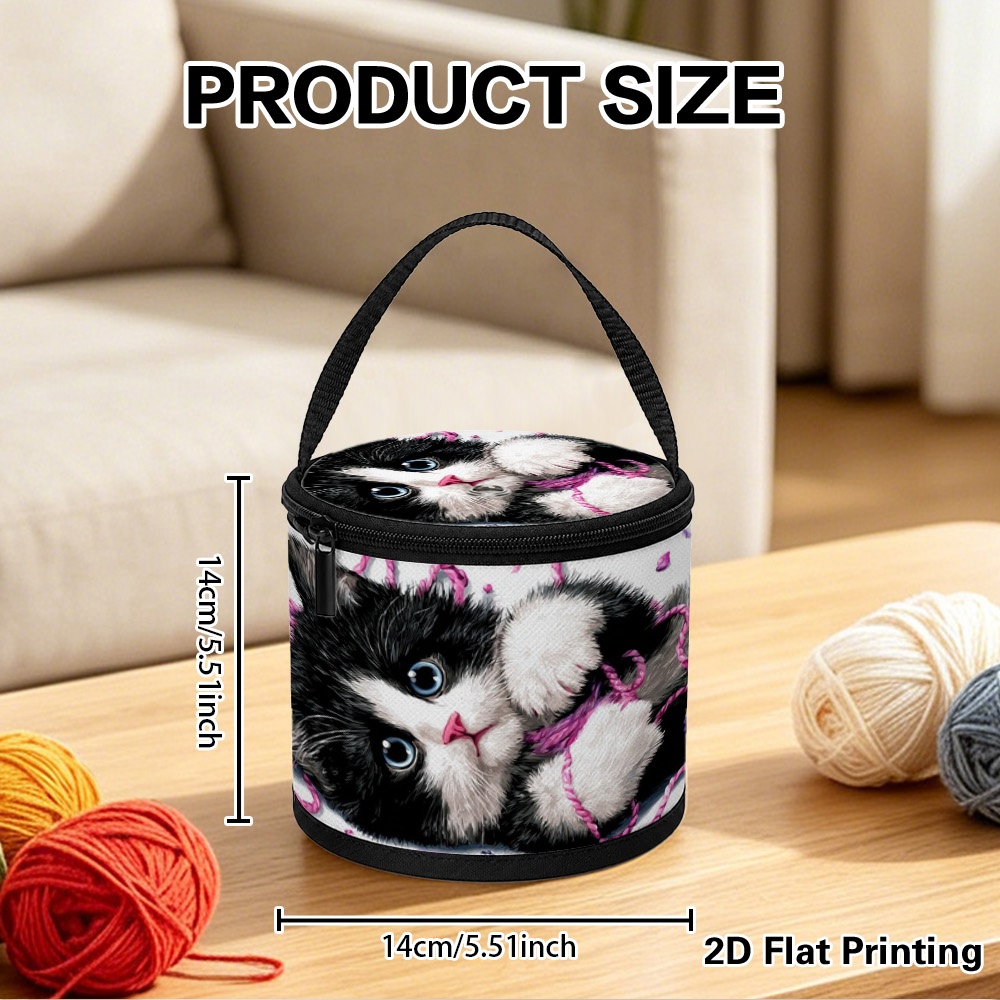 TEMU 1pc Yarn Storage Organizer, Stunning Kitten With Yarn Hearts Pattern, Foldable Design, Zip Cover With Center Yarn Hole, Top Handle. Ideal For