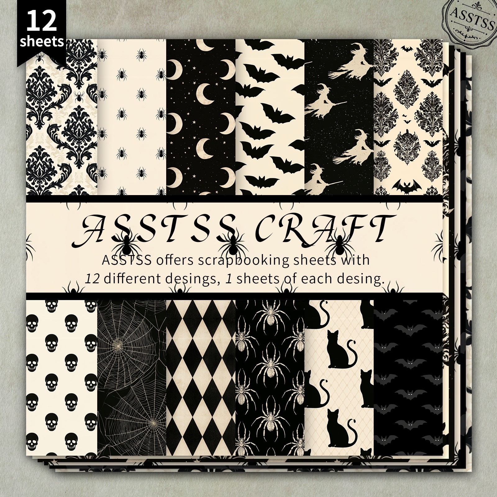 TEMU 12-sheet Asstss 6x6 Inch Scrapbooking Paper Pad, Halloween Gothic Bat Black Cat Style Backing Paper Supplies, Heavyweight Cardstock For