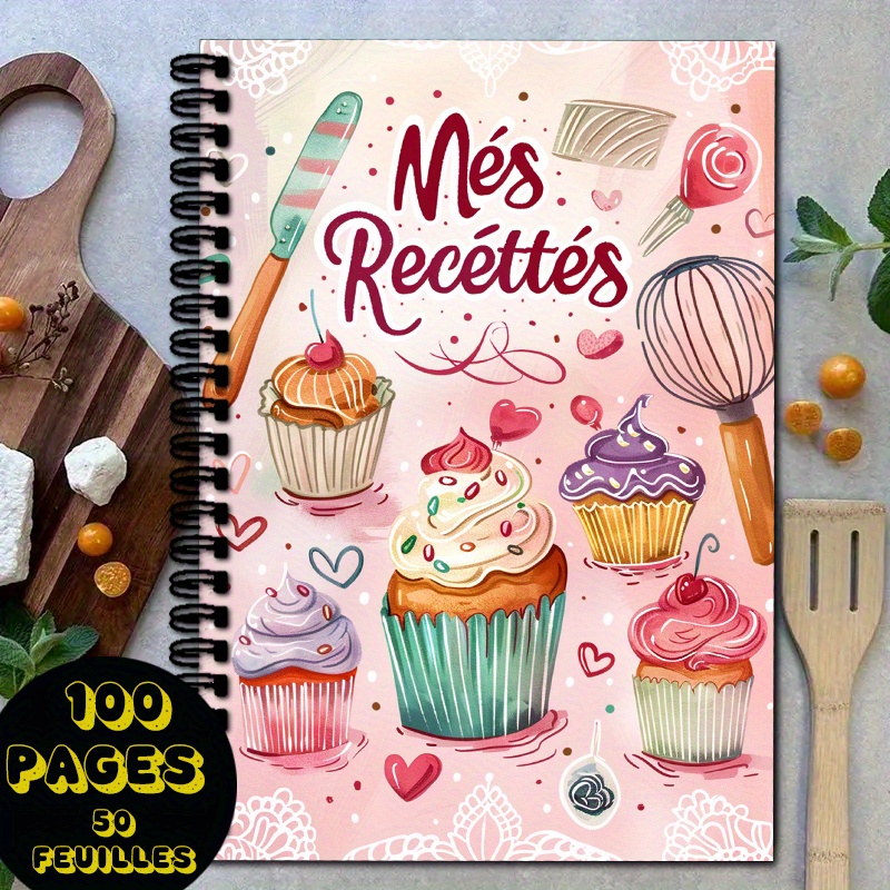 TEMU 1 livre de recettes français avec couverture de cupcake , spatule et fouet - Livre de cuisine en français avec reliure spirale, par - et journal