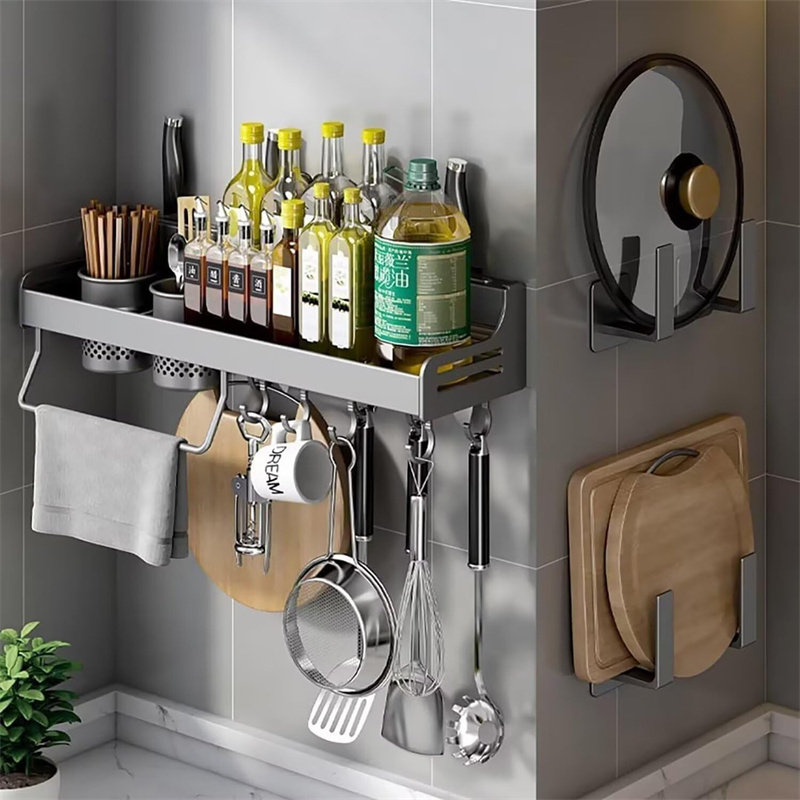 Wall Mounted Spice Rack, Hanging Storage Shelves, Kitchen Wall Shelf, Utensil Rack Organiser For Spice Jars And Seasoning Bottles, With 50cm Storage, Kitchen Utensils Holder, Black
