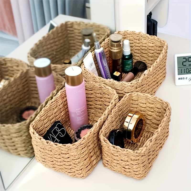 4pcs Woven Storage Basket, Decorative Storage Baskets Set, Multifunctional Storage Box, Storage Rack, Bathroom Bedroom Living Room Accessories, Home Organization And Storage Supplies, Room Decor, Shelf Baskets