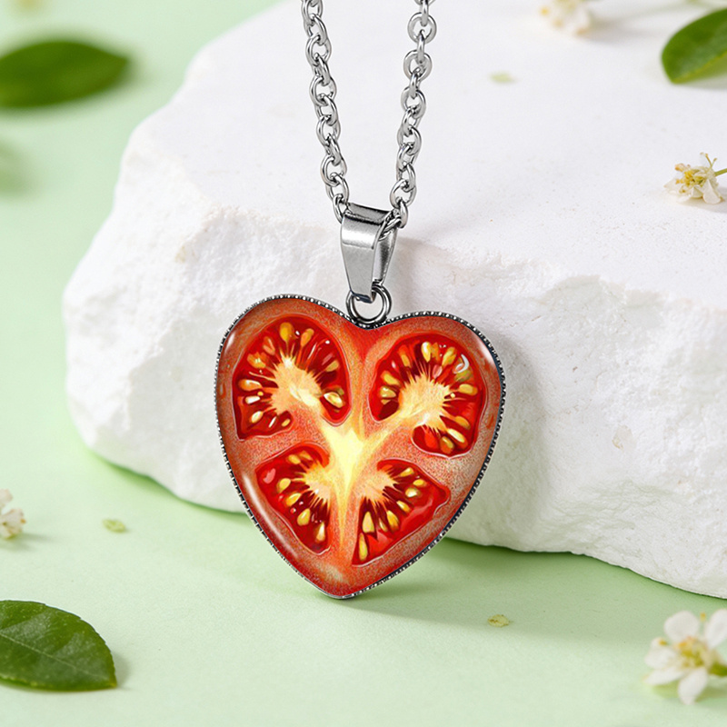 TEMU 1pc Tomato's Heart Shaped Necklace Glass Dome Penddant Handmade Men's Jewelry