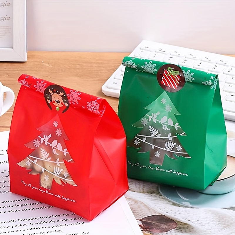 50-Pcs Christmas Plastic Gift Bags - Red And Green With Snowflake And Christmas Tree Patterns