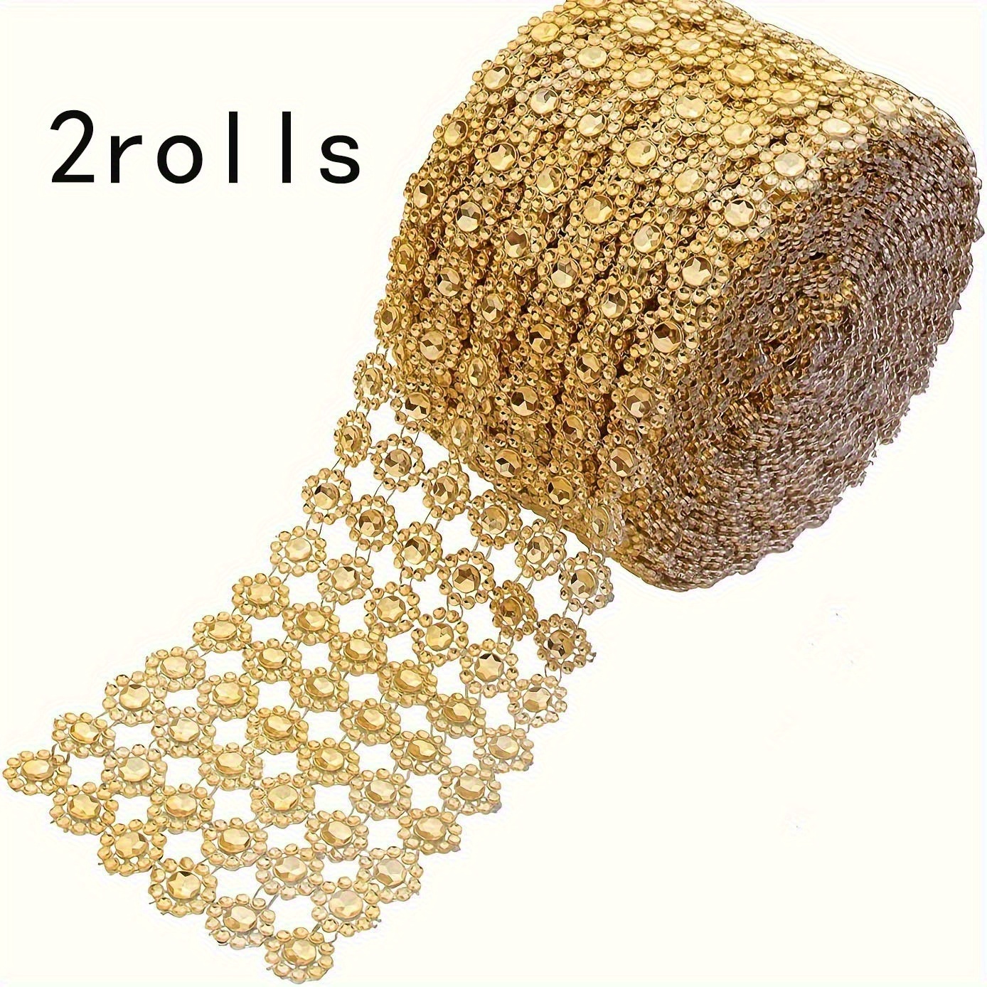 E-shop 2 Rollen Goldener Sonnenblumen-Kristallglitzer-Meshband – Glänzendes Goldenes Band, Hochzeitsdekoration, Party-Deko, Blumengestecke – Elegantes