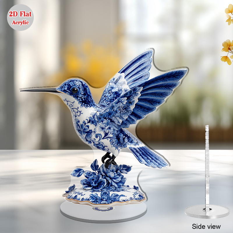 TEMU 2d Flat, 1pc Rotating Acrylic Desktop Ornament - Porcelain Hummingbird With Floral Stand, Spinning Base Suitable For Office Decor, Modern