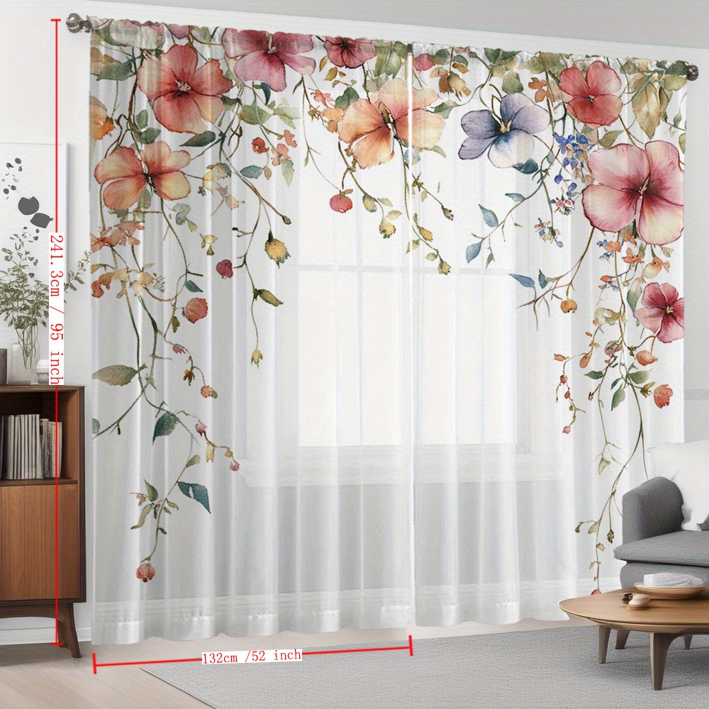 TEMU 2pcs Printed Home Decor Sheer Curtains With Rod Pocket, Flowing Drapes Suitable For Kitchen, Café, Living Room, Balcony, And Garden