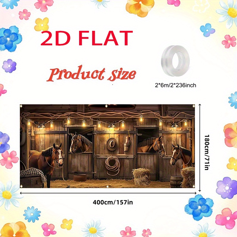 TEMU 1 bannière plate 2D représentant une de rustique avec des chevaux, conçue pour de garage. Fabriquée en fibre de polyester , cet arrière-plan de