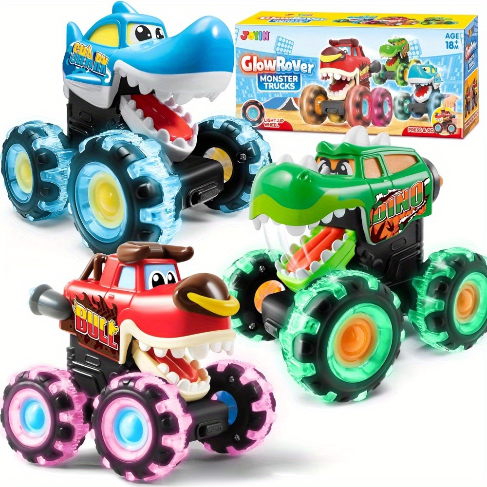 TEMU Lot de 3 Monster Trucks pour Enfants, Voitures Jouets Lumineuses à Détection de Mouvement avec Roues à Bande de Roulement Éclair | Jouets STEM