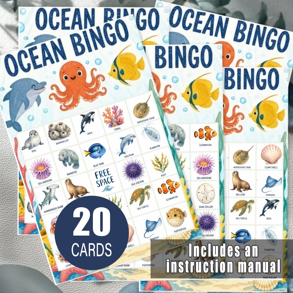 TEMU 20pcs Cmd Bingo Cards Ocean Bingo Game 20pcs Ocean Bingo Cards Underwater Animals Themed Underwater Bingo Sailing Bingo Underwater Party Games