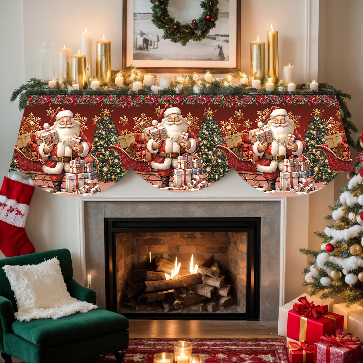 Image of 1pc, Christmas Theme, Poinsettia Christmas Tree Santa Claus Atmosphere Fireplace Towel, Holiday Gift, Party Supplies, Suitable For Room Fireplace, Cabinet, Tv Stand, Dining Table Decor